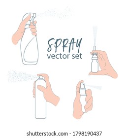 Vector set of spray in his hand. Cleaning, medical, cosmetic spray. Isolated illustration of a hand with a bottle, spray, aerosol, and disinfection.