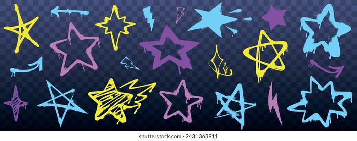 Vector set of spray paint graffiti star. Color grunge ink graphic award symbols with inky drips, blots and splatter isolated on dark background. Hand drawn rough brush colorful stars in street style.