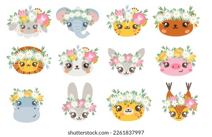 Vector set of spring animals. Animals with colored wreaths on their heads. Sheep pig tiger panda rabbit squirrel elephant bear deer hippo leopard. Spring Easter animal faces