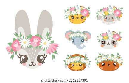 Vector set of spring animals. Animals with colored wreaths on their heads. Sheep tiger panda rabbit elephant bear. Spring Easter animal faces