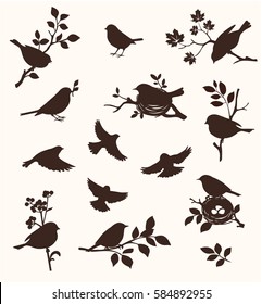 Vector set of spring bird and twig silhouettes, flying birds and on the nest. 