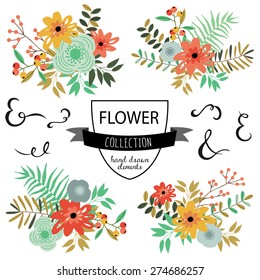 Vector set with spring botanical flowers. Vector illustration. Vintage collection with flowers, ampersands.
