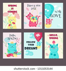 Vector set of spring cards with cute cats and inspirational quotations. Happy kittens flying on hot air ballon, holding basket full of flowers, with bird on head and bunches of flowers.