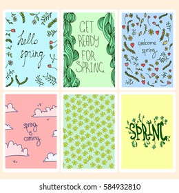 Vector set of spring cards with floral illustrations, inspirational quotes and cute backgrounds.