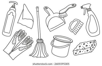 Vector set of spring cleaning items in doodle style. Linear Illustration for different designs with household items. Image of gloves, bucket with brushes, sponges with rags and cleaning products