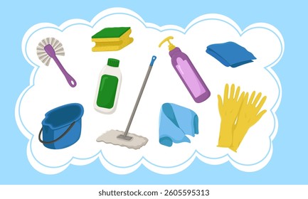 Vector set of spring cleaning items in a frame. Horizontal banner for various designs with attributes for cleaning. Image of gloves, bucket with brushes and sponges with rags