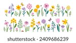 Vector set of spring Easter flowers and insects in flat style isolated on white background. 