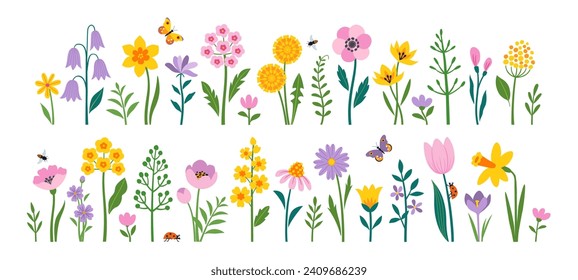 Vector set of spring Easter flowers and insects in flat style isolated on white background.  svg