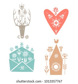 Vector set of spring elements decorated with flowers. Deer, heart, envelope, birdhouse.