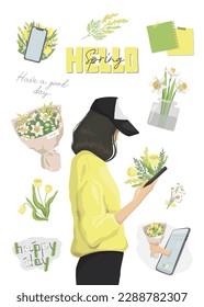 Vector set of spring floral illustrations isolated on white background. Young beautiful girl with phone and spring flowers. Minimalistic Vector illustration in yellow color.