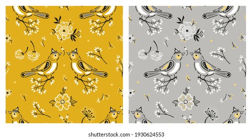 Vector Set of Spring Floral Seamless Patterns with Birds, Flowers and Leaves. Yellow and Gray Color Summer Flower Backgrounds with Songbirds