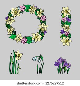 Vector set of spring
 floral wreath, flower ornament and elements. Daffodils, purple crocuses and snowdrops