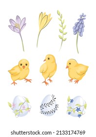 
Vector Set Of Spring Flowers, Easter Eggs And Chicks.