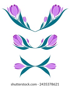 Vector set of spring flowers frames in Art Nouveau style. Decorative flat border of silhouette crocuses isolated from background. Floral divider template for invitation, cards.