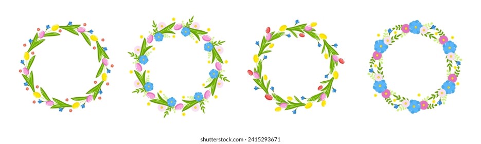 Vector set spring flowers wreaths. Round frames with tulips and summer flowers isolated on white background.