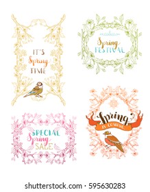 Vector set of spring frames. Blossoms and leaves on tree branches. Handwritten grunge brush lettering. There is copyspace for your text in the center.