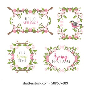 Vector set of spring frames isolated on white. Frames of cherry blossoms, leaves and bird on branches. Handwritten grunge brush lettering. There is copyspace for your text in the center.