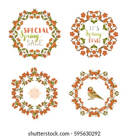 Vector set of spring frames isolated on white. Frames of red blossoms on tree branches. Handwritten grunge brush lettering. There is copyspace for your text in the center.