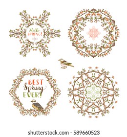 Vector set of spring frames. Frames of red blossoms, leaves and bird on tree branches. There is copyspace for your text in the center.