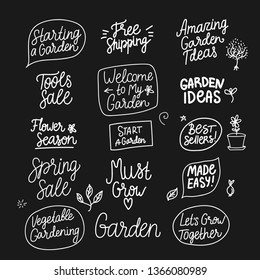 Vector Set spring garden inscription. Hand drawn white lettering isolated on black