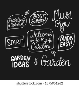 Vector Set spring garden inscription. Hand drawn white lettering isolated on black