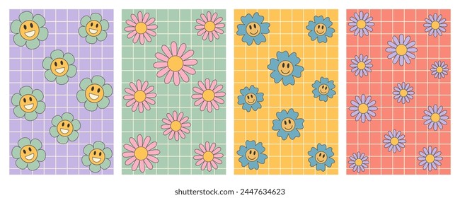 Vector set of spring groovy posters with daisy flowers. Checkered backgrounds in trendy retro 70s style. Vector illustration