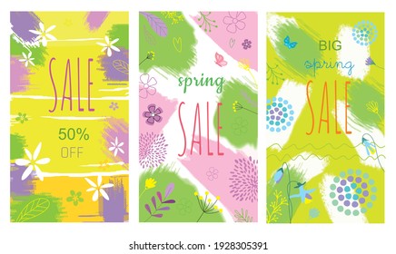 Conjunto de vectores de diseño de venta de primavera 
para banners, fondos de pantalla, volantes, invitaciones, carteles, folleto, cupón de descuento, tarjeta de felicitación. Elementos dibujados a mano.