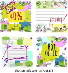 Vector set spring sale design. Abstract multicolor geometric pattern with hand drawn elements. Unusual concept. 