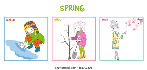 Vector set of spring season girl. Springtime month collection with cute child.