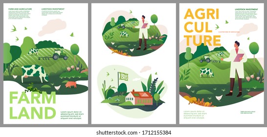 Vector set of spring and summer posters. Investments in animal husbandry, technologies and agribusiness development. Illustrations of farms and objects agronomy for a poster, banner, or postcard.