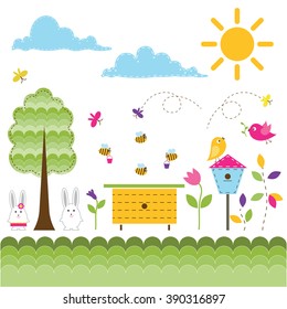 Vector set of spring theme. Bees, butterflies, birds and spring plants.
