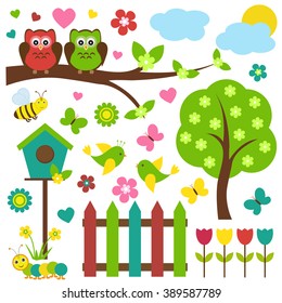 Vector set of spring theme. Birds sitting on blooming tree, among flowers and insects.Made in bright spring colors.