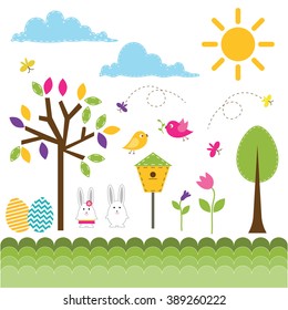 Vector set of spring theme. Hares, butterflies, birds and spring plants.