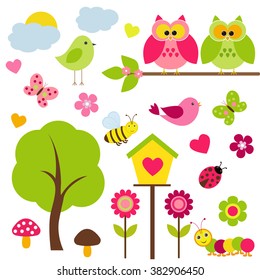 Vector set of spring theme. Owls sitting on a tree, among other birds, butterflies, ladybugs, caterpillars, bees and spring plants.