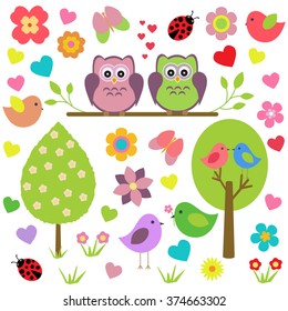 Vector set of spring theme. Spring trees, flowers, butterflies, ladybugs, love owls and other birds on an isolated white background