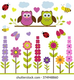 Vector set of spring theme. Spring trees, flowers, butterflies, ladybugs, love owls and other birds on an isolated white background