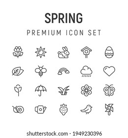 Vector set of spring thin line icons. Design of 20 stroke pictograms. spring signs isolated on a white background.