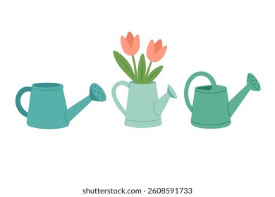 Vector set of spring watering cans in cartoon flat style, one with tulip flowers inside.