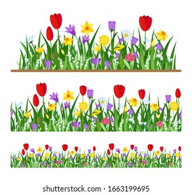 Vector Set Of Spring Wild Forest And Garden Flowers Isolated On White. Seamless Flowers Border With Tulip, Crocus, Daffodil, Lily Of The Valley, Chamomile, Snowdrop For Holiday And Summer Background