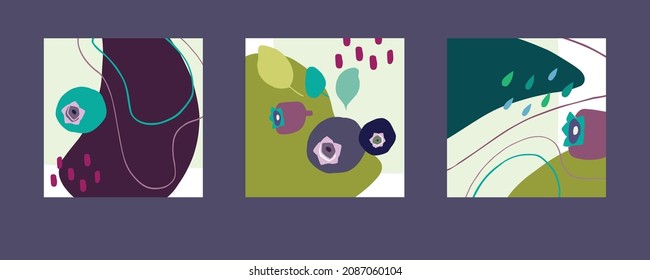 Vector set of square abstract backgrounds with abstract organic shapes, wavy lines and berries. Illustration for mobile apps, social media icons templates, designs, posters and advertisements.