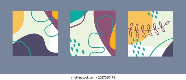Vector set of square abstract backgrounds with abstract organic shapes, lines and leaves. Illustration for mobile apps, social media icons templates, designs, posters and advertisements.