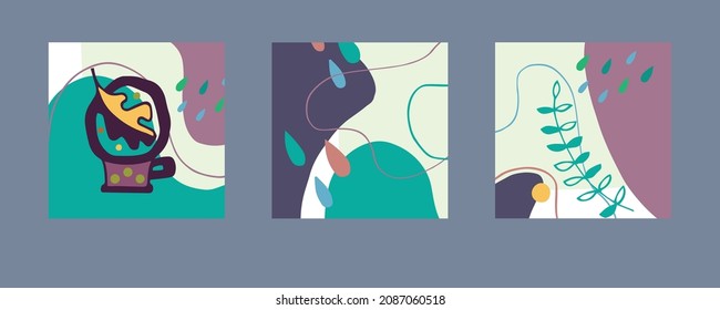 Vector set of square abstract backgrounds with organic shapes, wavy lines, raindrops and a cup. Illustration for mobile apps, social media icons templates, designs, posters and advertisements.