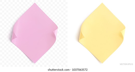Vector set of square adhesive stickers with a folded edges. Pink and yellow rhombic pieces of paper. Blank templates of a tags. Empty mockup for office memos. Realistic textures. Transparent shadows.