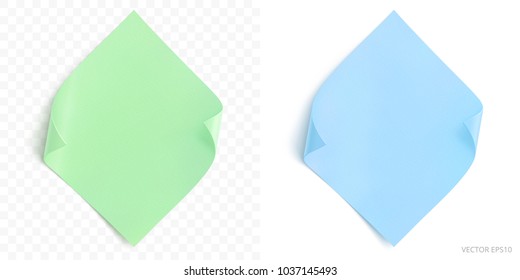 Vector set of square adhesive stickers with a folded corners. Green and blue rhombic pieces of paper. Blank templates of a tags. Empty mock up for office memos. Realistic textures. Transparent shadow.