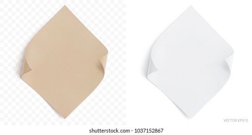 Vector set of square adhesive stickers with a folded shapes. Tan cardboard and white diamond pieces of paper. Blank templates for business memo. Empty mockup. Realistic textures. Transparent shadow.