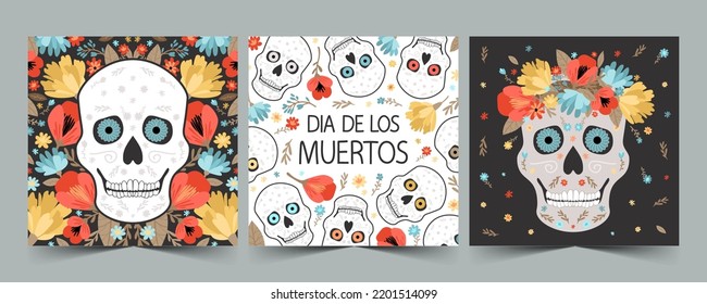 Vector set of square cards for the day of the dead. Colorful cute illustration with skull and flowers in trendy colors.