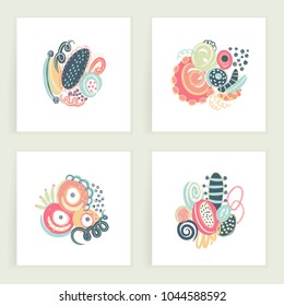 Vector set of square cards. Hand drawn abstract shapes, scribbles, spirales. Stains ans spots of paint. Creative backgrounds. Freehand style. Design with doodles. Invitation, postcard, cover, banner