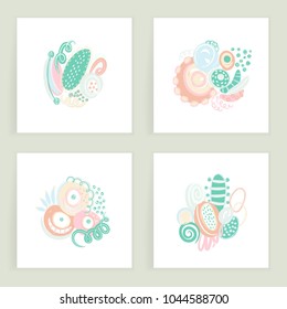Vector set of square cards. Hand drawn abstract shapes, scribbles, spirales. Stains ans spots of paint. Creative backgrounds. Freehand style. Design with doodles. Invitation, postcard, cover, banner