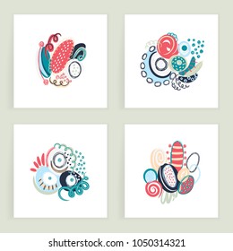 Vector set of square cards. Hand drawn abstract shapes, scribbles, spirales. Stains ans spots of paint. Creative backgrounds. Freehand style. Design with doodles. Invitation, postcard, cover, banner