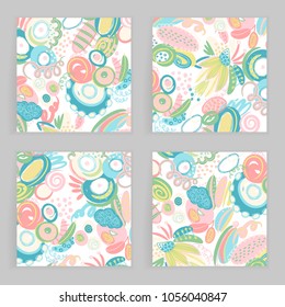 Vector set of square cards. Hand drawn abstract shapes, scribbles, spirales. Stains ans spots of paint. Creative backgrounds. Freehand style. Design with doodles. Invitation, postcard, cover, banner